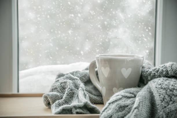 Image of a mug and blanket in front of a window with snow coming down