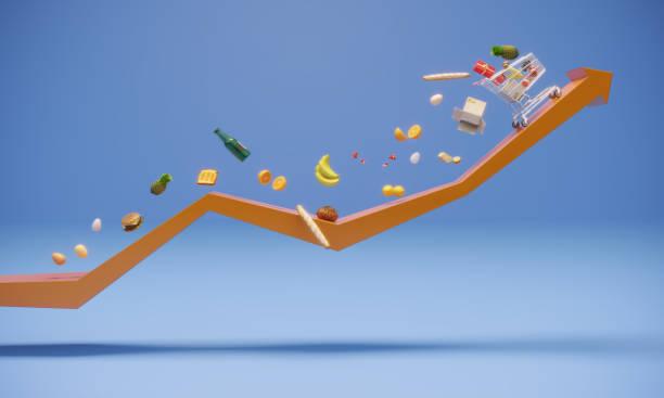 Image of an arrow going up with a supermarket trolly filled with food riding the curve. New EU deal could make food cheaper. Can't afford food - find out what help is available