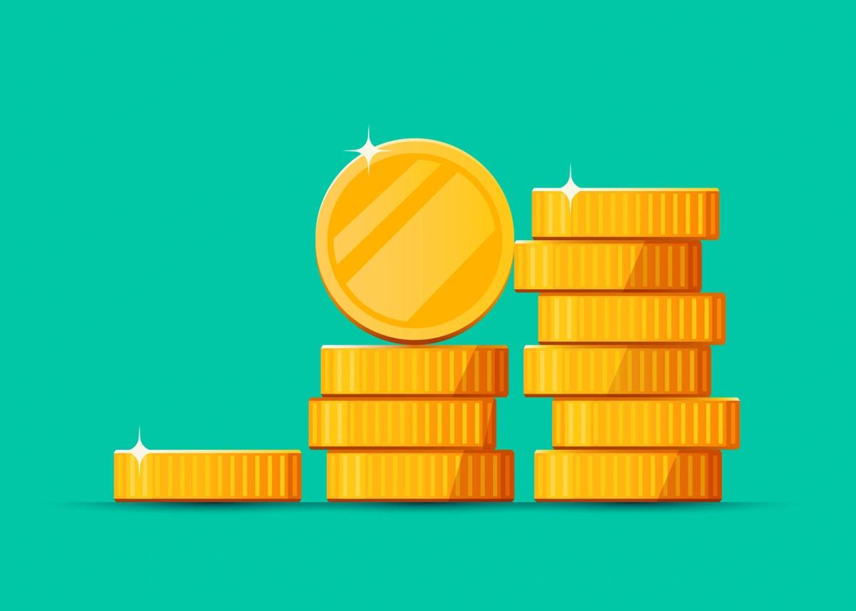 An illustration of 11 gold £1 coins stacked in three columns of increasing height.