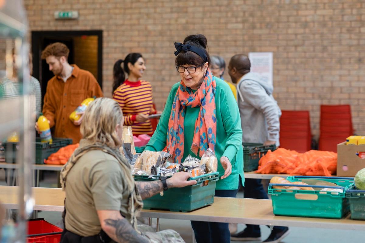 People distributing food at a food bank