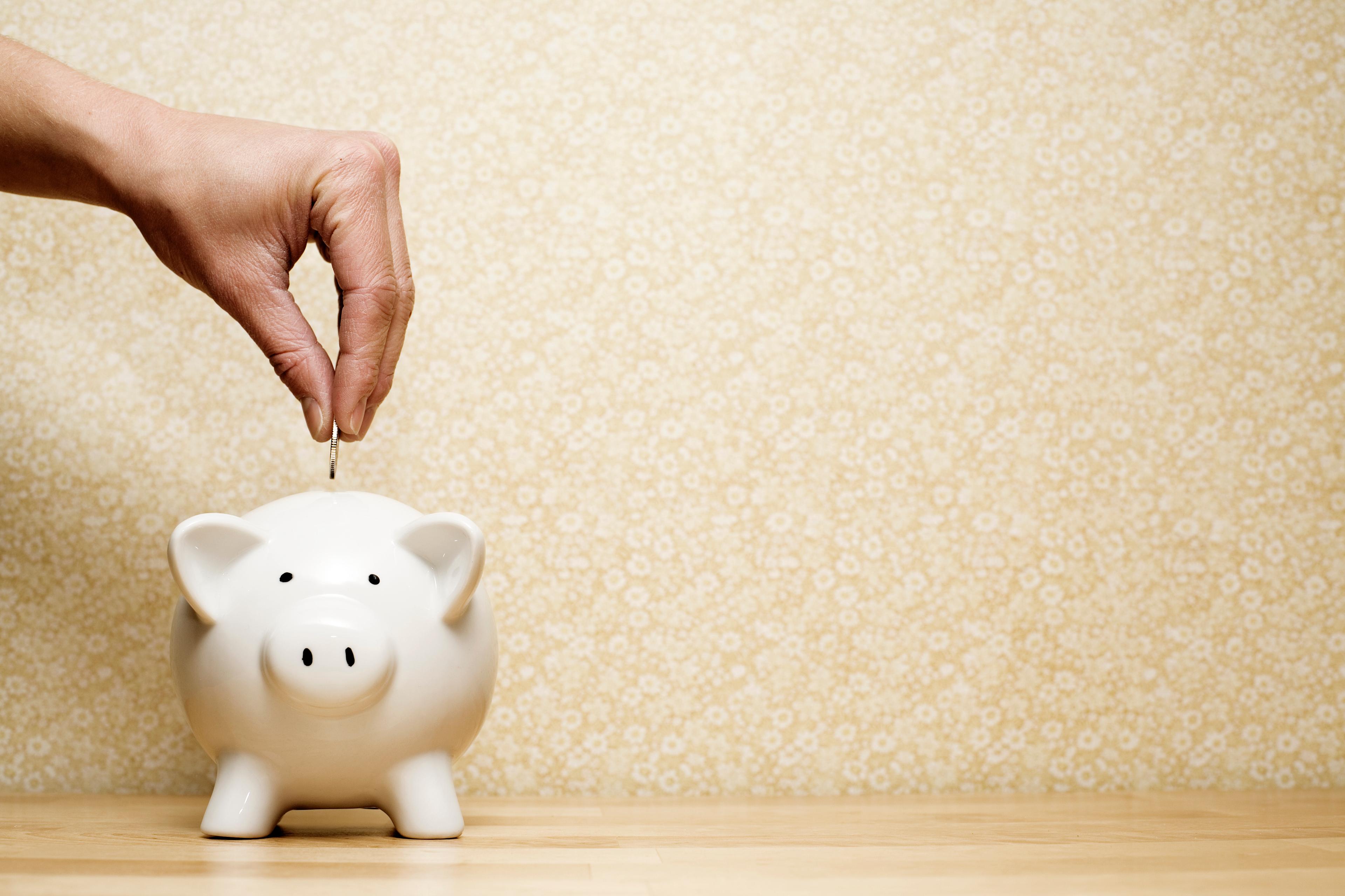 A hand drops a coin into a piggy bank