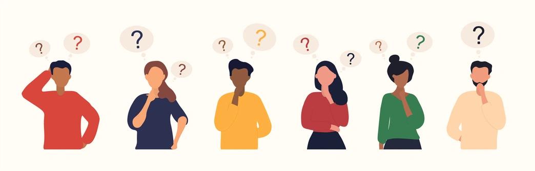 lots of illustrated people thinking, with question marks above their heads
