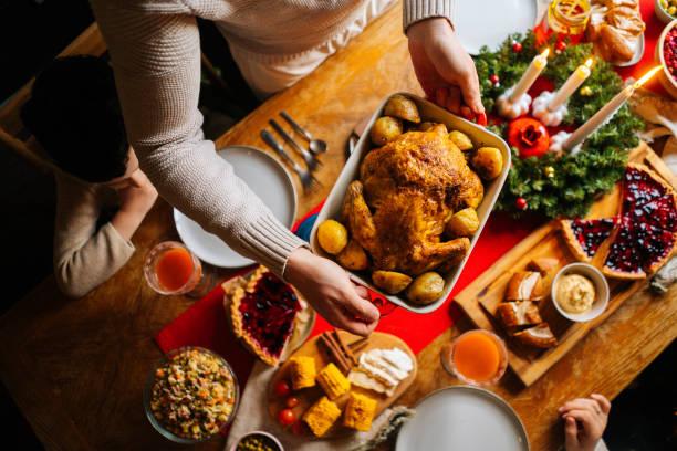 Image taken above a table filled with food