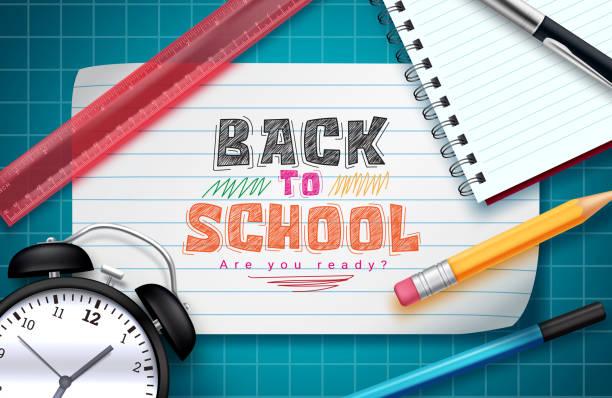 Illustrated image with a notebook saying back to school, an alarm clock and some pens and paper
