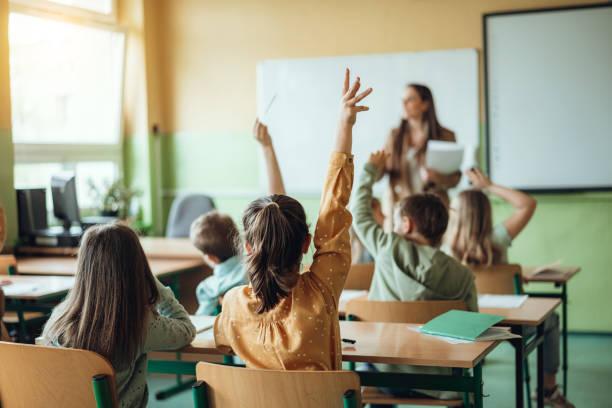 image of a teacher at the front of the class with children who have their hands raised to ask a question