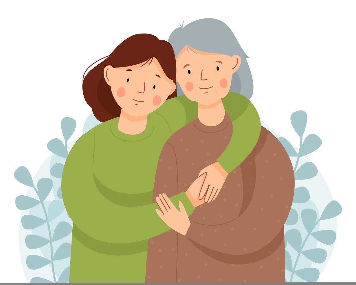 An illustration of a younger woman caring for an older female relative.