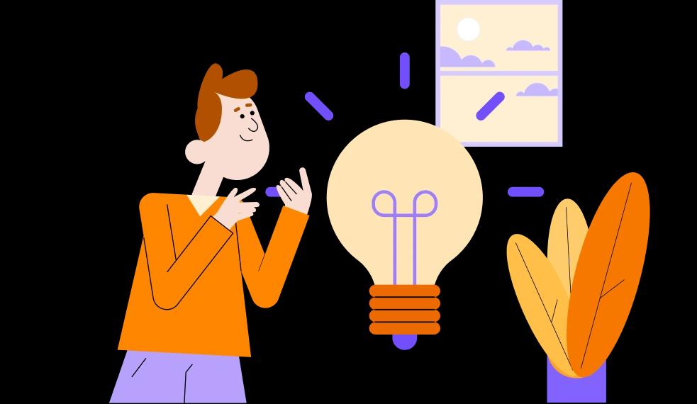 An illustration of a man and an oversized lightbulb.