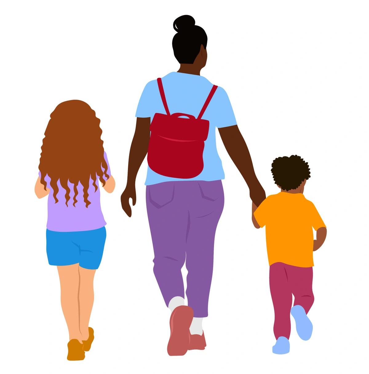An illustration of a woman walking with two children, a boy and a girl.