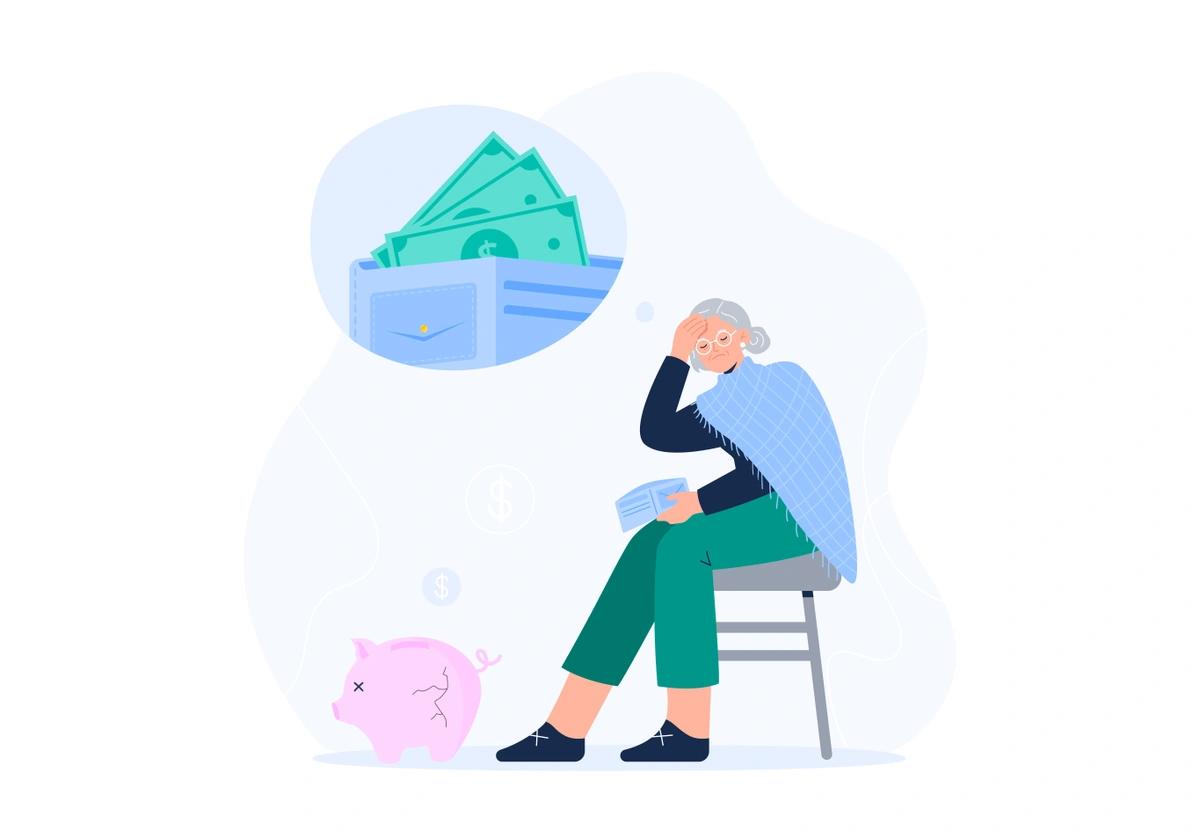 An illustration of an older woman wrapped in a blanket worrying about money. An empty piggy bank sits at her feet and her wallet is empty because she no longer gets the winter fuel payment from government.