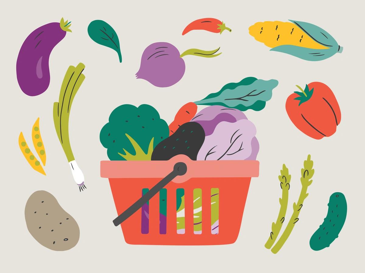 colourful fruits and vegetables in a shopping basket