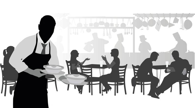 A waiter in a restaurant, black and white illustration