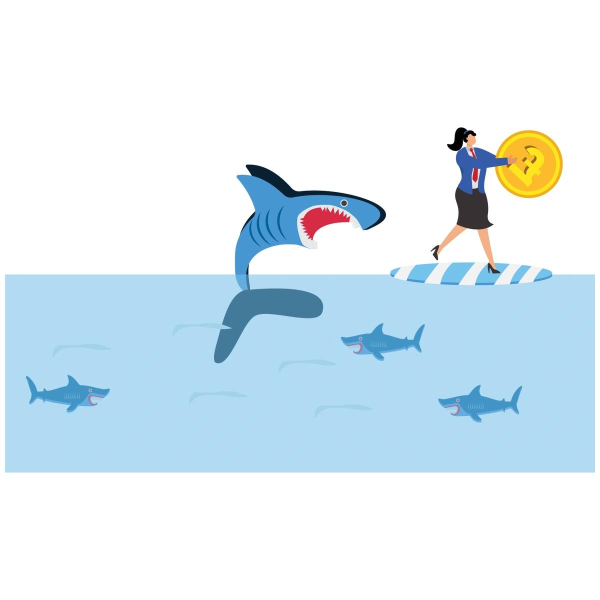 Illustration of a shark attacking a woman with a large coin