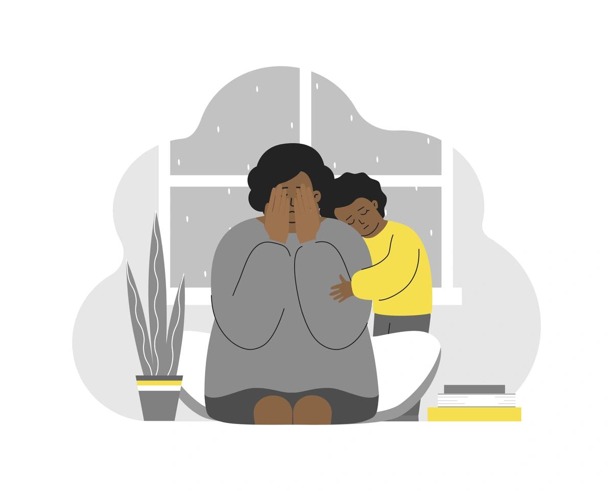 A daughter comforts her mum who has money worries