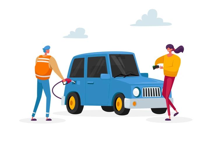an illustrated couple filling a blue car up with petrol