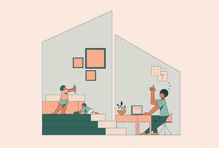 illustrated family in a house, children playing and dad working