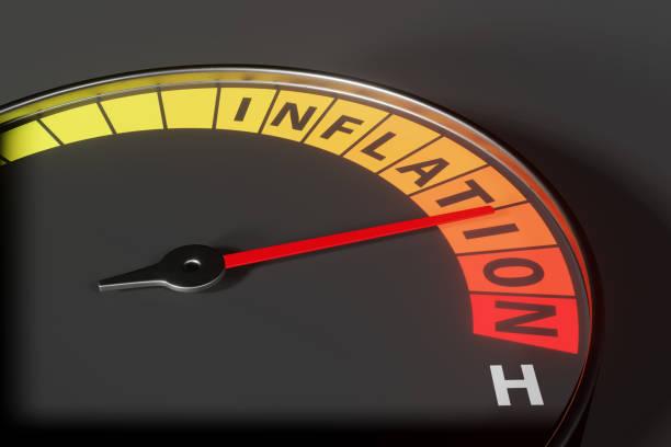 Image of a speedometer saying inflation that moves from yellow to red with an arrow on orange. Today's inflation figures
