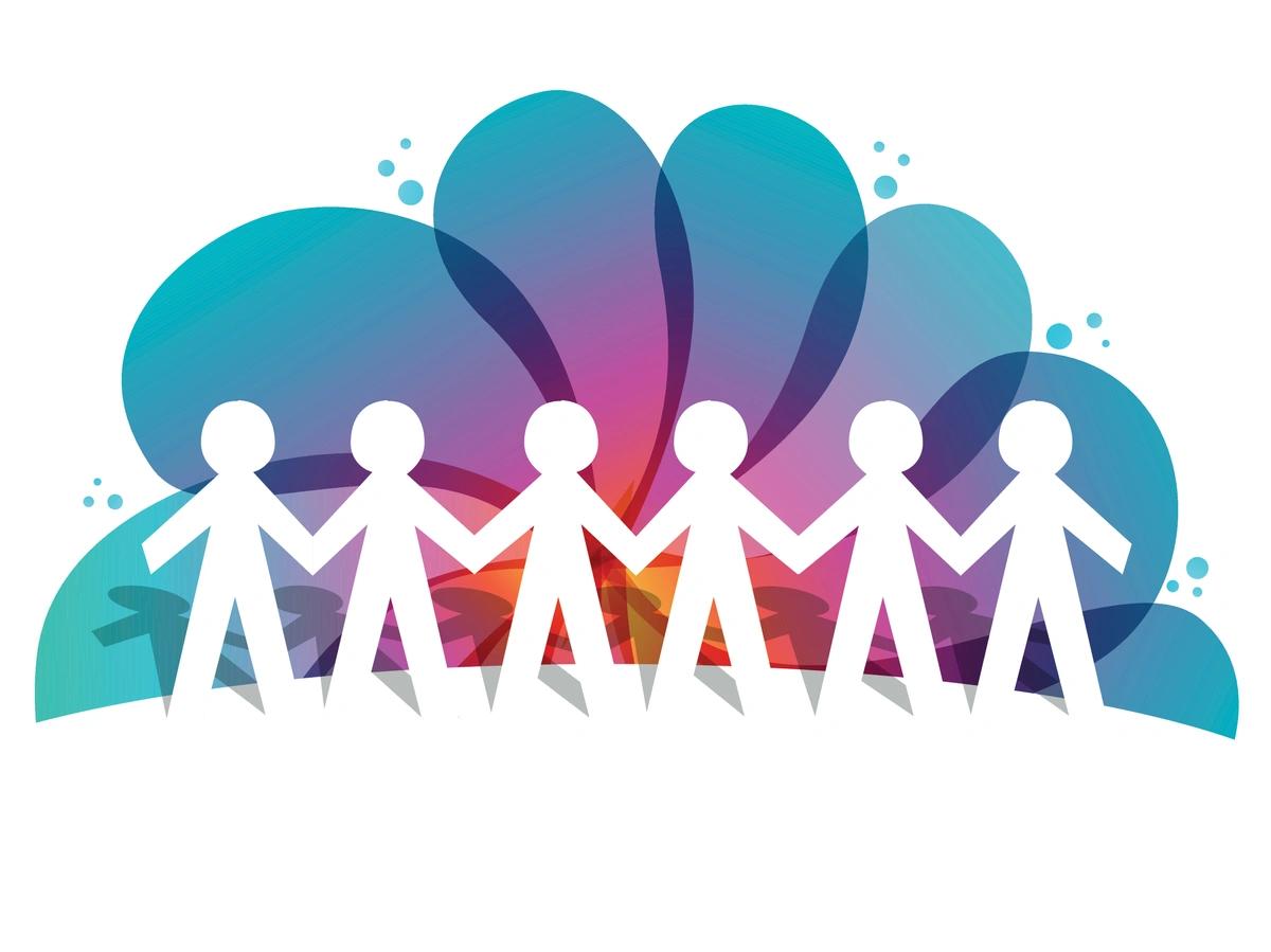 A row of cut-out paper people against a colourful background