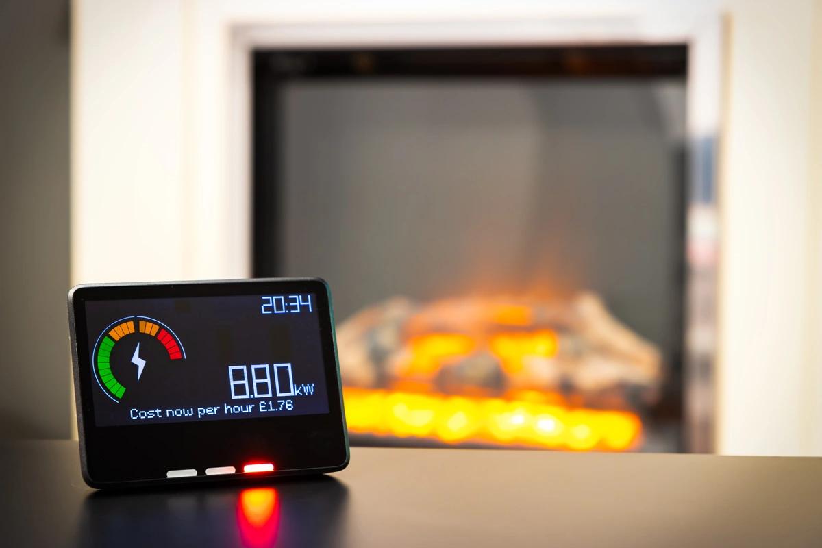 A smart meter sitting on a table in front of an electric fire