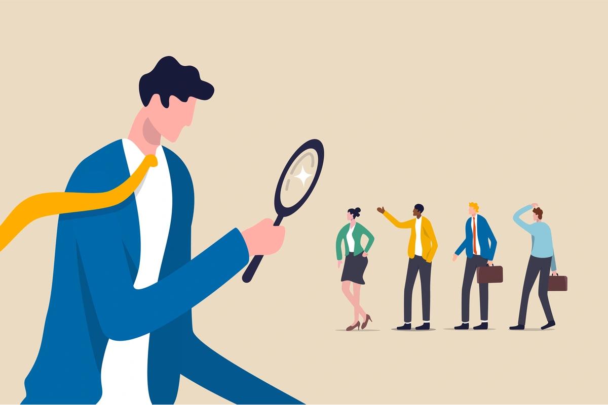 Illustration of hiring person inspecting job candidates with a magnifying glass