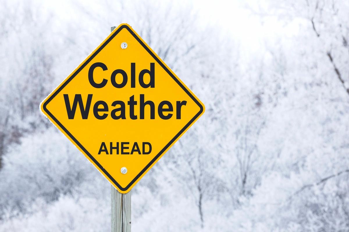 A sign saying 'cold weather ahead' in front of snow-covered trees