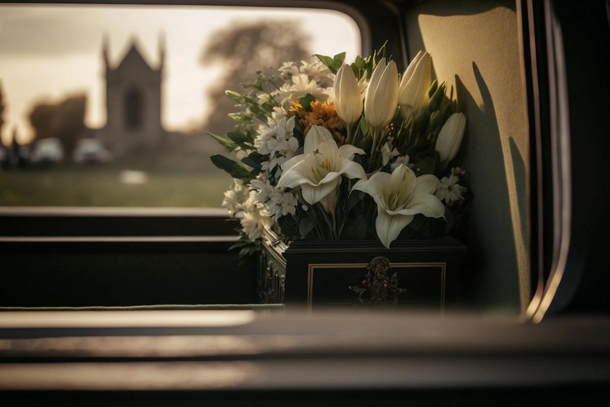 Flowers in a hearse with a church in the background