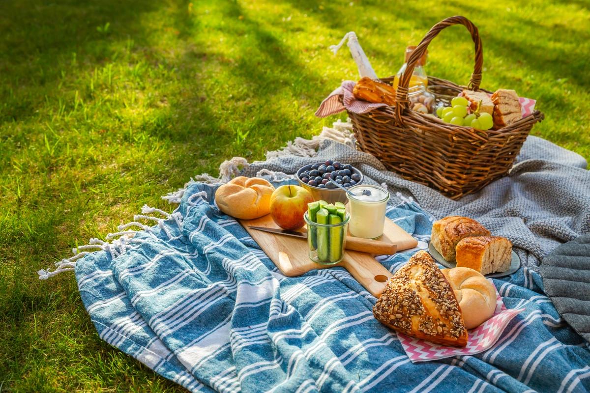 A picnic basket on a picnic blanket in the park