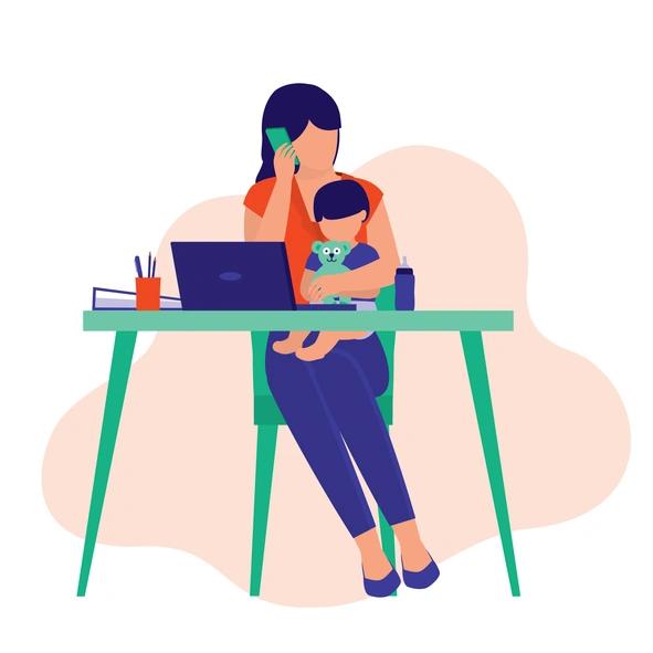 Illustrated working mum at desk holding toddler