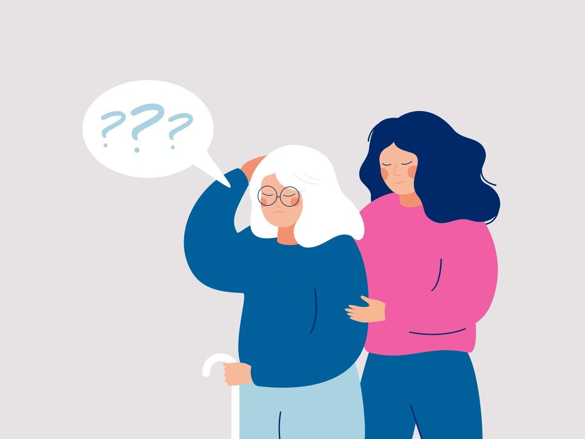 An illustration of two women, one is a younger unpaid carer looking after a confused older relative.