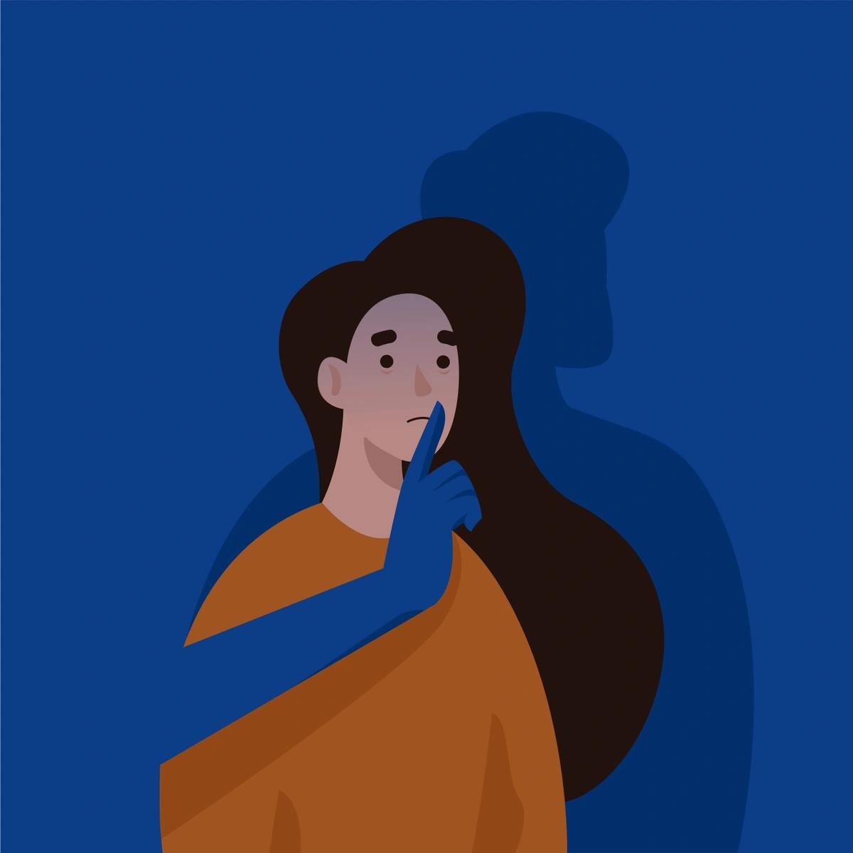 Illustration of a woman with the hand of a man covering her mouth