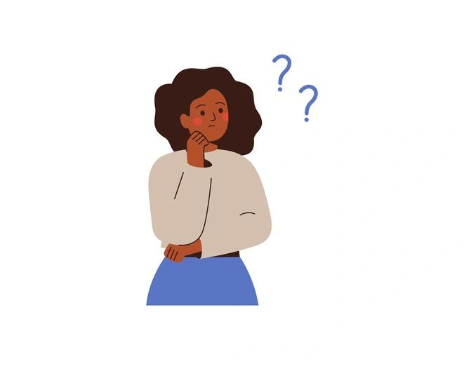 An illustrated black woman thinking, with two question marks above her head