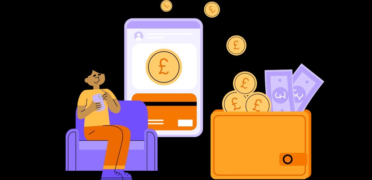 person mobile banking and holding wallet