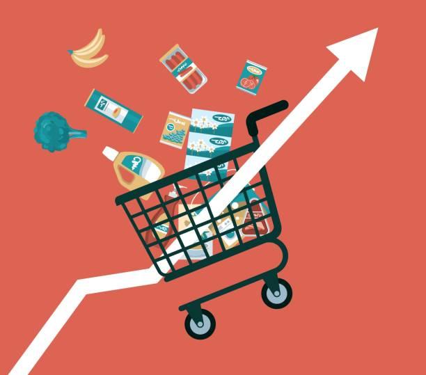 Illustration of a shopping trolly with food falling out and an inflation arrow cutting through.  Inflation falls to the lowest level since 2022