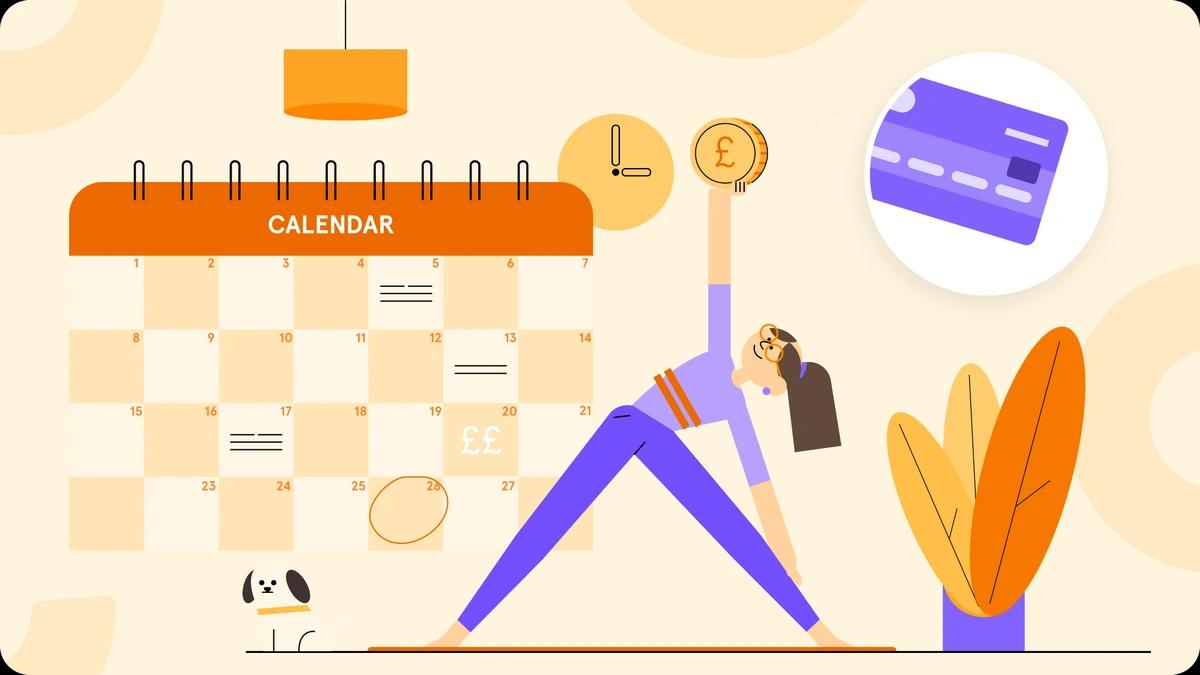 Person doing yoga next to a calendar with a coin