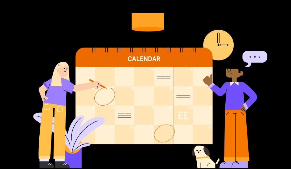 Two people writing on calendar