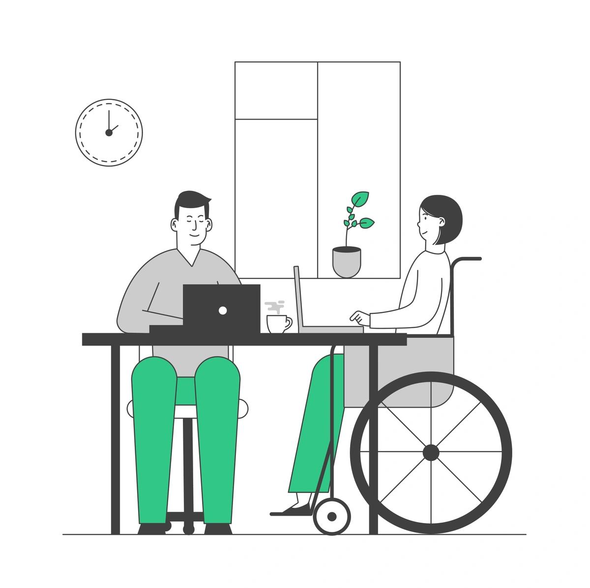 Illustration of a disabled benefit claimant at a DWP health assessment