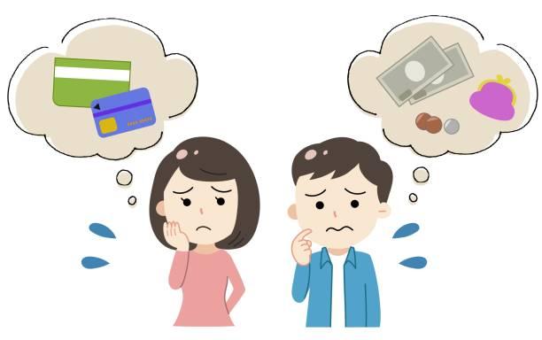 Illustrated image of a man and women. Both have thought bubbles by their heads with money, credit cards and bills in and are looking worried. Time to Talk Day - money worries and mental health