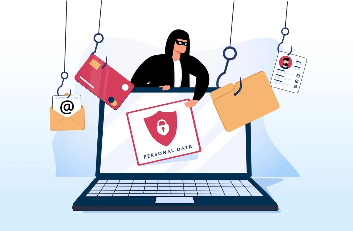 Illustration of scammer fishing for personal data on laptop