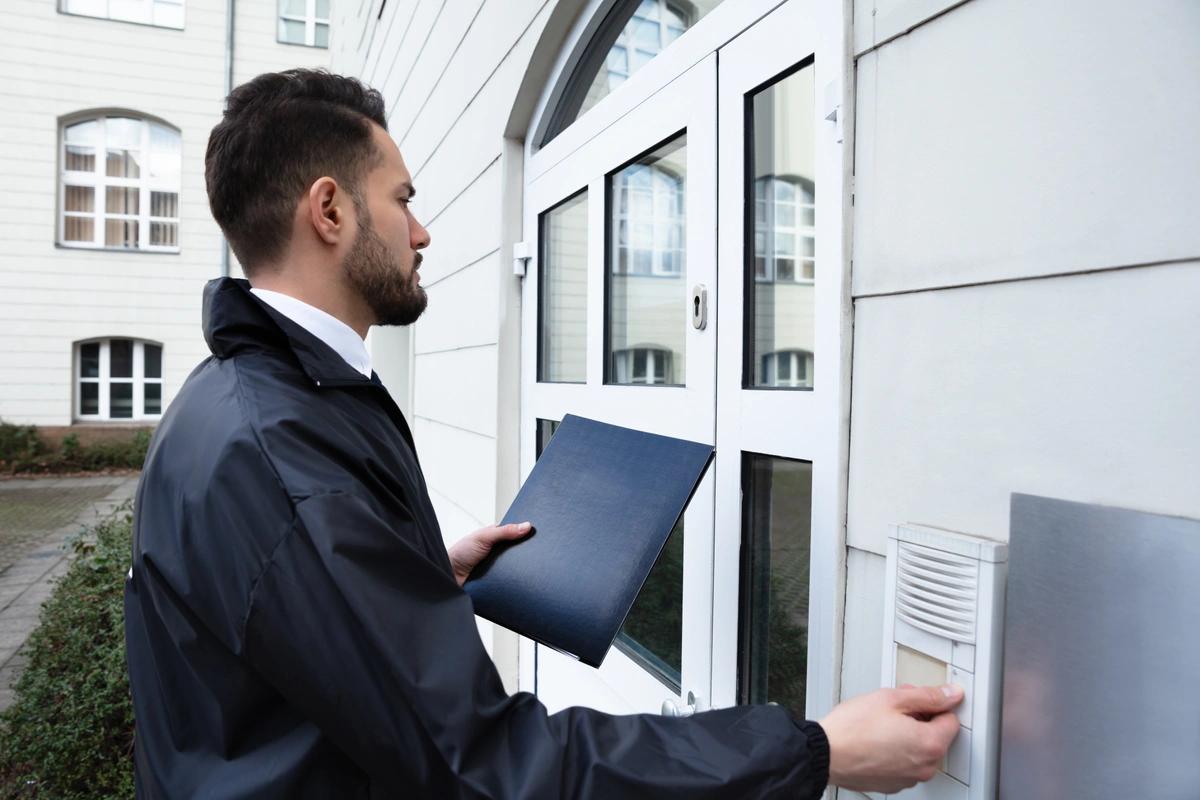 A bailiff ringing a doorbell