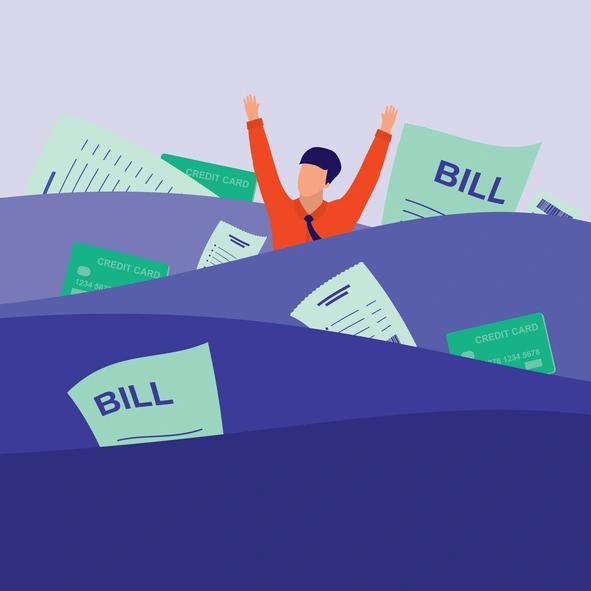 man drowning in bills