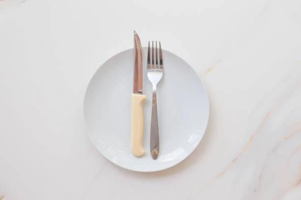 image of an empty plate with a knife and fork in the middle