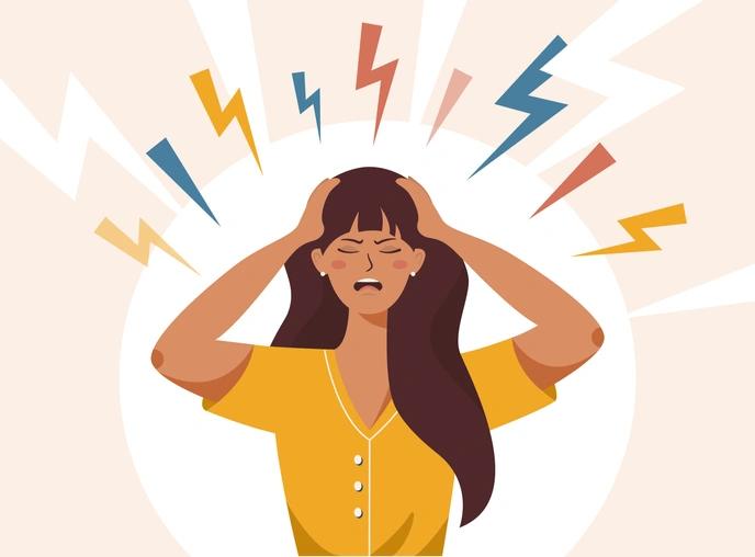 illustrated woman experiencing stress; coloured lightning bolts aim at her head