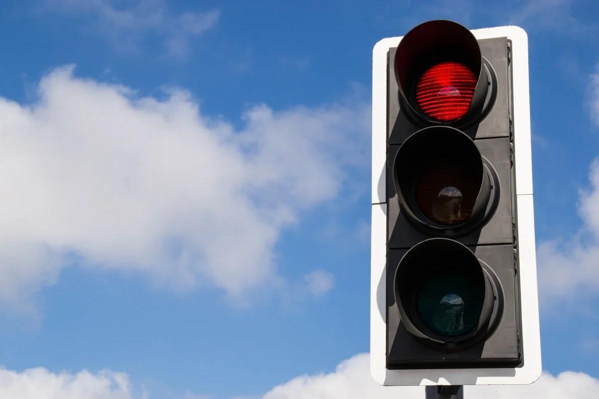 A traffic light on red
