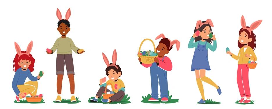 children holding egg baskets and bunny ears