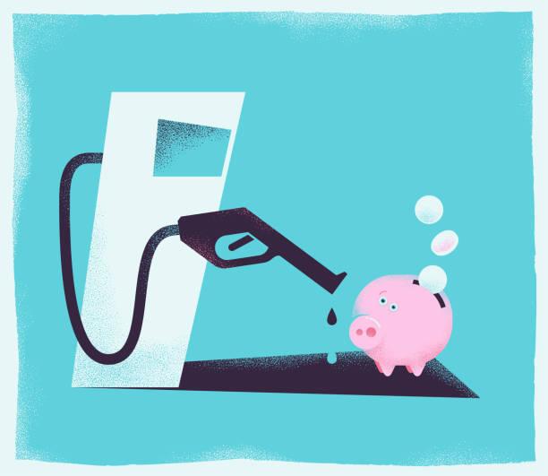 Image of a stressed piggy bank with a fuel pump next to it. Ways to save on fuel prices. Fuel saving apps. Fuel price trackericres