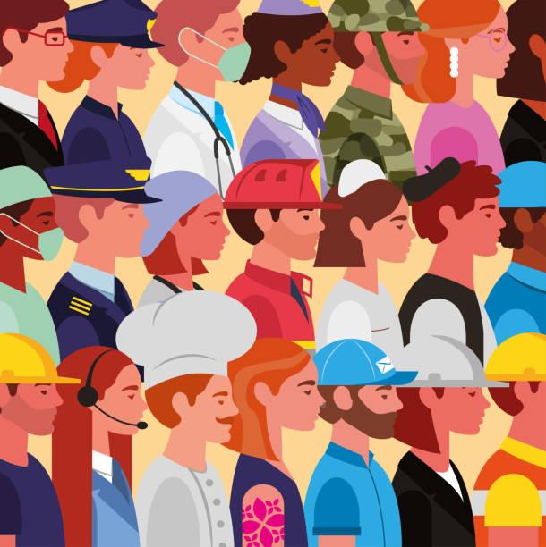 Illustrated image of people in lots of different jobs rolls. NI cuts take affect from today with the average worker taking more home in their pay packet. Fiscal drag pulls many more low income workers into paying tax