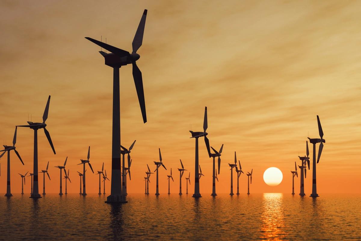 Offshore wind farm at sunset