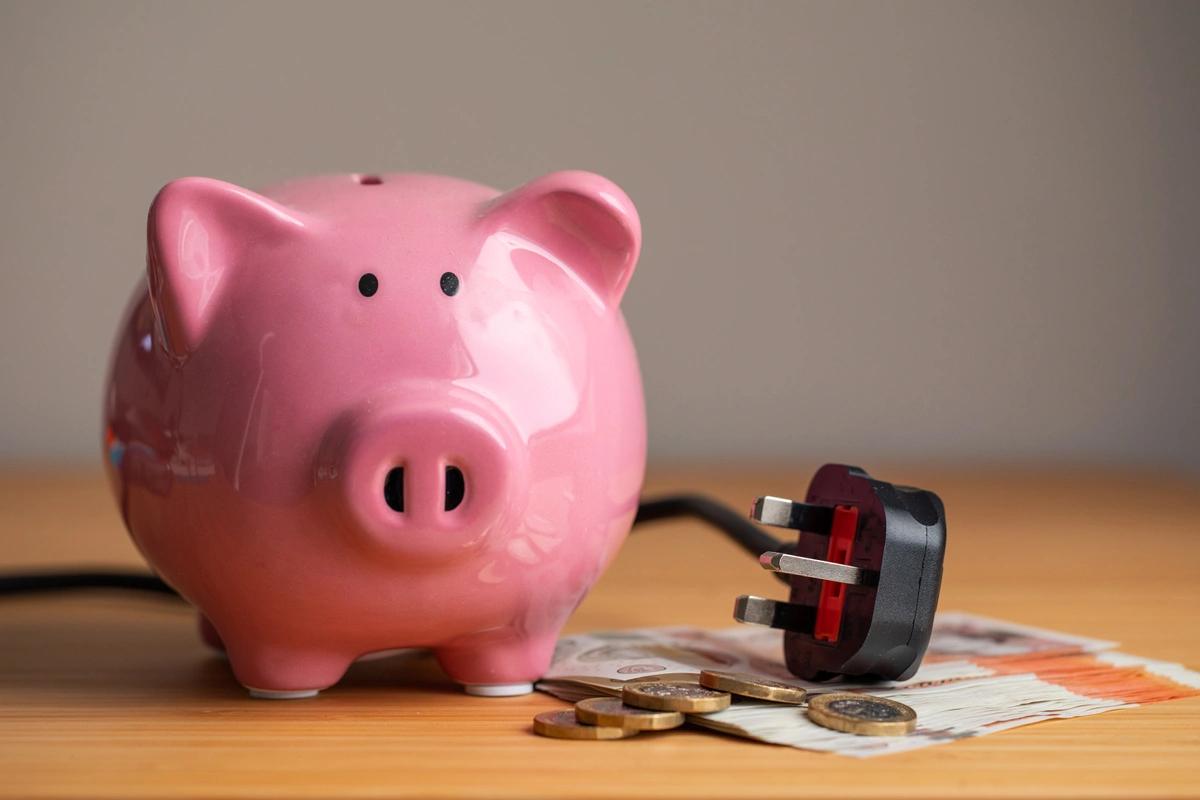A piggy bank next to an appliance plug and a pile of cash
