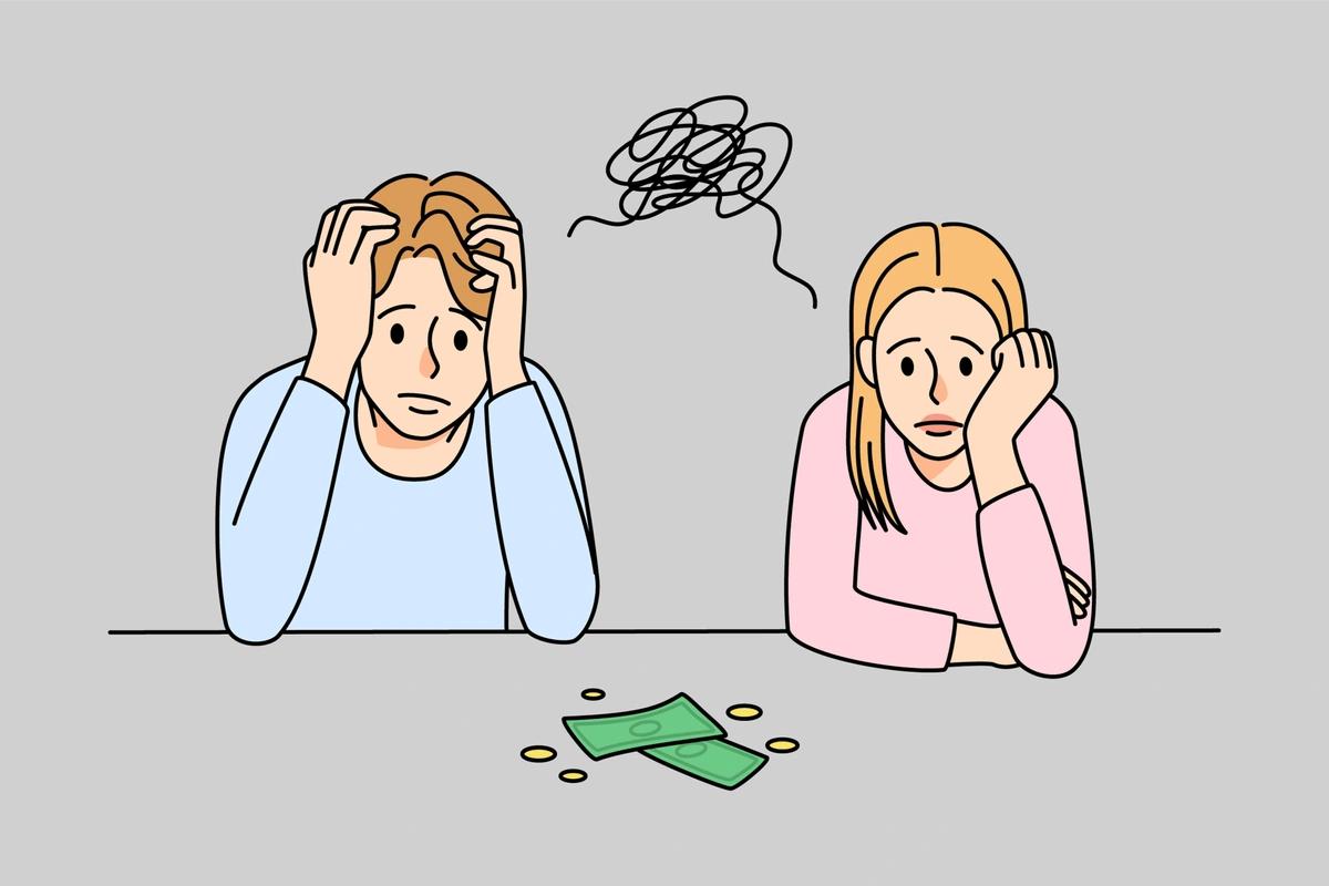 An illustration of a worried couple sat looking at loose change.