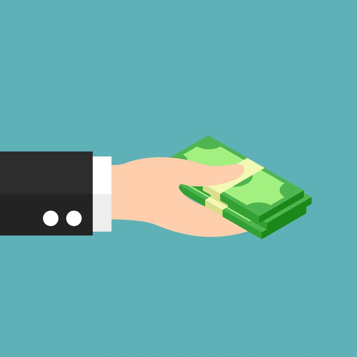 An illustration of a hand holding out a stack of money, offering redundancy pay