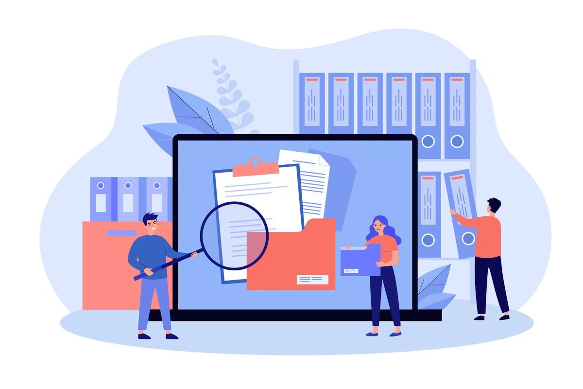 Illustration of people analysing banking data on a giant computer screen with a giant magnifying glass